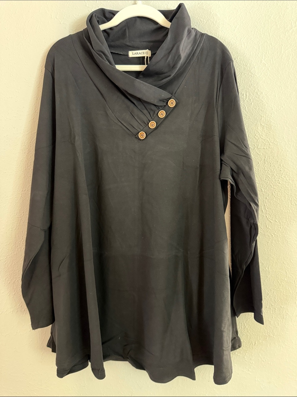 Larace Black Long-Sleeve Button-Accent Cowl Tunic with Pockets